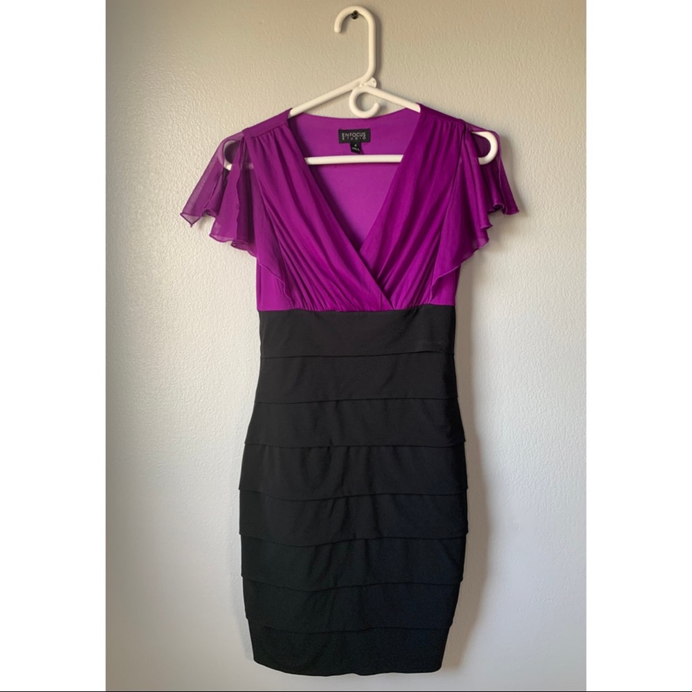 Enfocus Studio Cocktail Dress With Sheer Flutter Cap Sleeves and Fitted Bottom